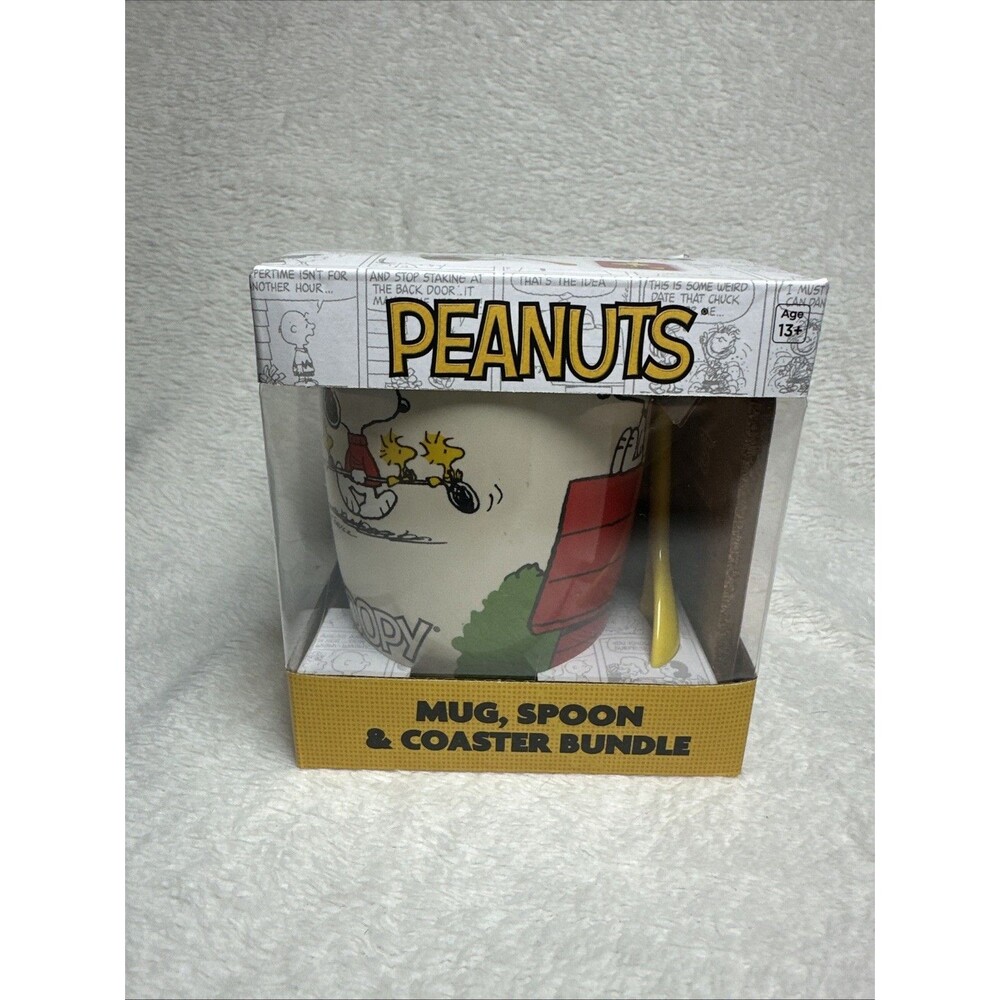 PEANUTS SNOOPY AND WOODSTOCK 12OZ MUG SPOON AND COASTER BUNDLE CULTURE FLY!!!